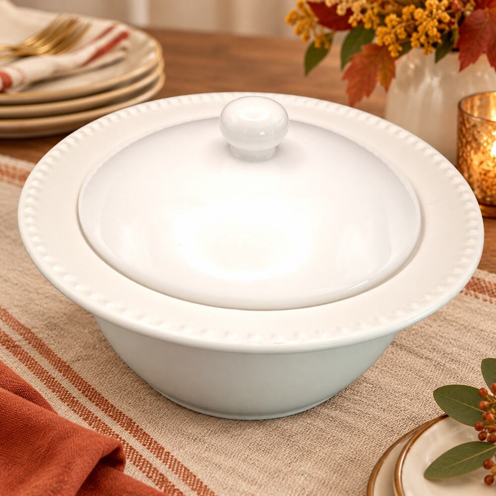 Vintage Dansk White Rondure Rice Covered Casserole Dish Round Beaded Rim